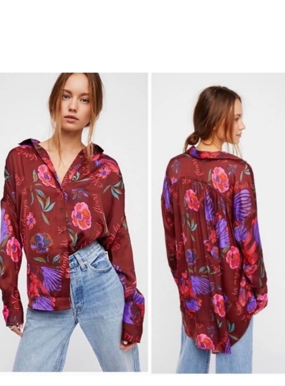 EUC Free People Silky Nights Blouse Oversized Floral Relaxed Top Shirt Size XS